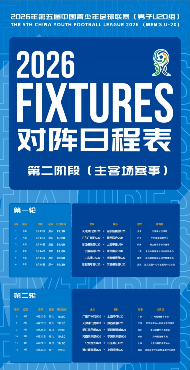 北京国安U20第二阶段赛程发布，主客场制开打